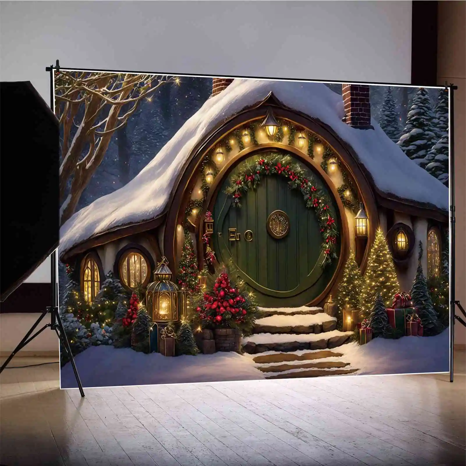 

MOON.QG Backdrop Christmas Trees Children Photography Shooting Props Background Gnome Hut Cabin Home Gift Ornaments Decorations