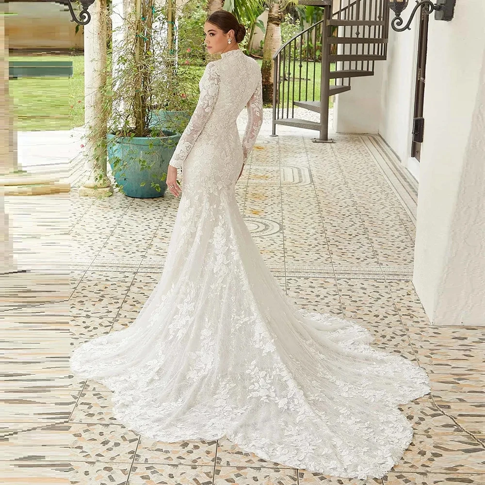 Haohao 2024 Elegant High-Neck Wedding Dresses for Women Full Sleeves Fit and Flare Lace Court Train Floor-Length Robe De Marie