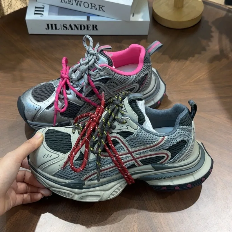 New Genuine Leather Sports Shoes Brand Designer Thick-soled Casual Unisex Shoes Retro All-match Mesh Spring tenis de mujer - view 6
