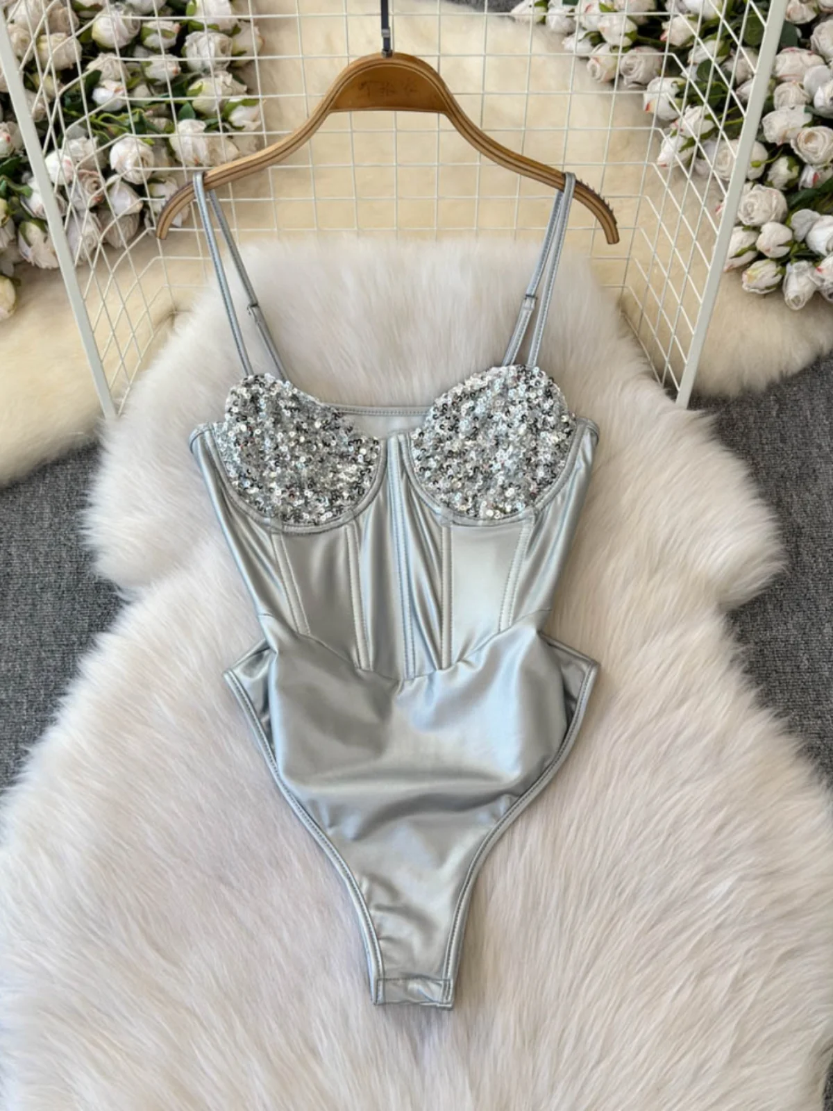Sexy Silver Sequin Strap Backless Fishbone Slimming One-Piece Suit Cross-Border Streetwear for Trendy Girls High Waist Short ...