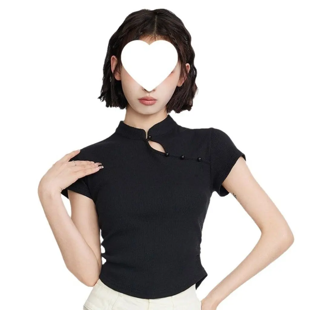 

Women's Pure Cotton T-Shirt Short-Sleeved Chinoiserie Collar Slim Fit Versatile Elegant National Style Summer New