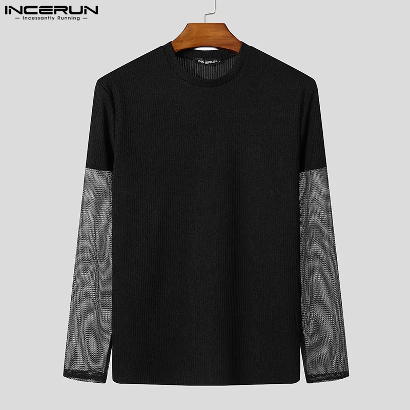 Stylish Casual Style Tops INCERUN Men Tight Fitting Patchwork Mesh T-shirts Sexy Male Hot Sale Long Sleeved Camiseta S-5XL 2024