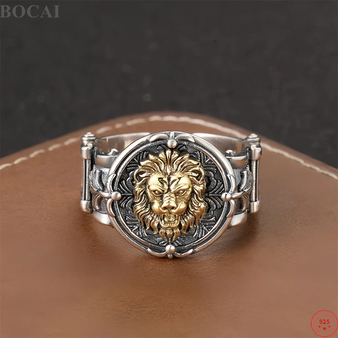 BOCAI New S925 Sterling Silver Charms Pendant for Men Women Antique Golden Lion Relief Charm Rings Fine Choice Jewelry