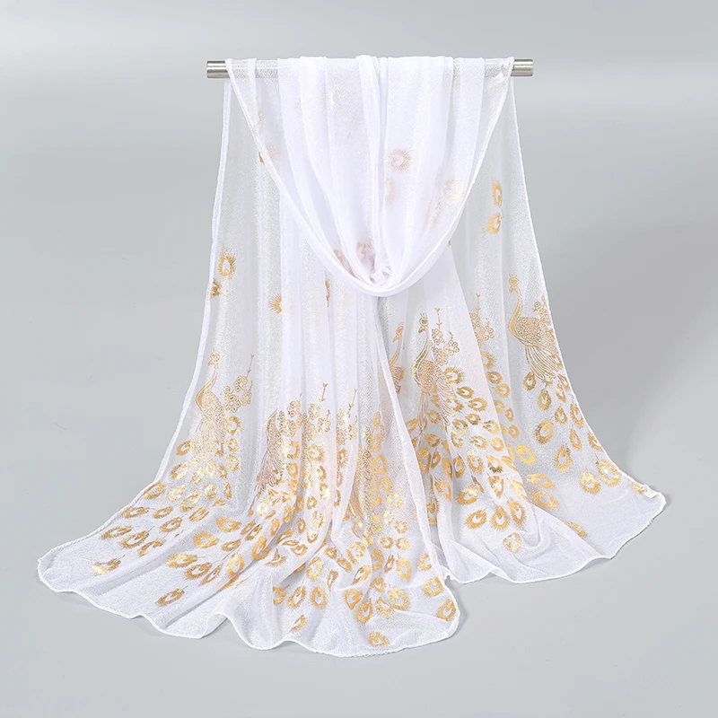 Écharpe Hijab imprimé paon pour femme, châle à paillettes dorées, long châle élégant, écharpes fines pour la tête, 170x60cm