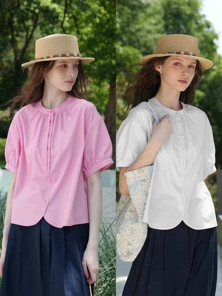 

Bruland Retro Color round Ne Bubble Sve irt Loose Faionable ort Sve Top for Women Breathable Cotton Blend