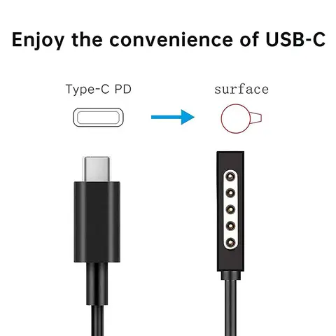 Type-C Power Supply 65W Charging Cable Work with 15V/3A USB-C GaN PD Charger Adapter Compatible For Microsoft Surface Pro1/2