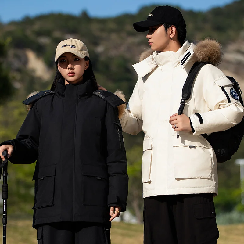 Couple Outdoor Cycling Sports Windproof Warm Down Jacket Winter Fashion Style Big Fur Collar Windproof Breathable Warm Jacket