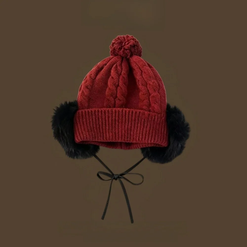 Faux Fur Ear Flaps Cable Knit Trapper Hat Large Head Circumference Thick Warm Lining Faux Fur Beanie Face Slimming Design