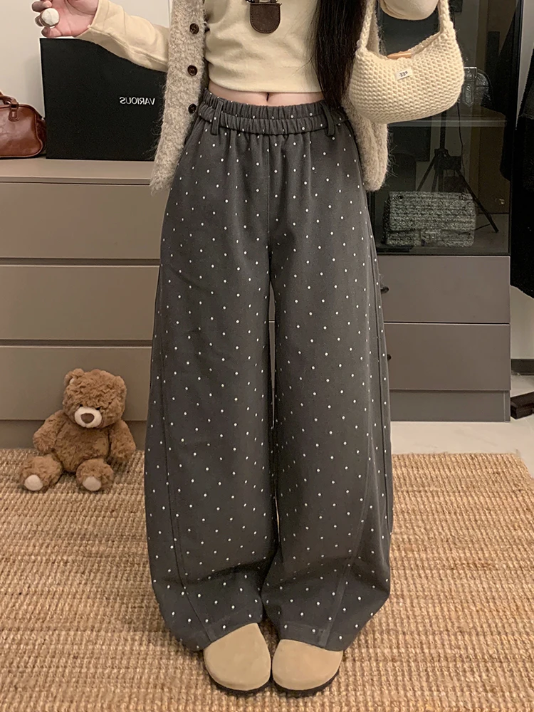 Polka Dots Wide Leg Pants Women Sweet High Waist Casual Preppy Straight Trouser Female Korean All Match Sports Scimitar Pants
