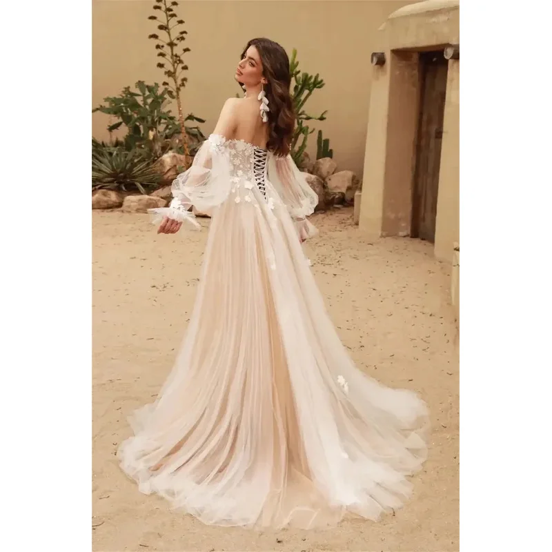 Light Champange Detachable Long Puff Sleeves V-neck Lace Applique Boho Beach A Line Wedding Dresses Custom Made 2025 Vestido De