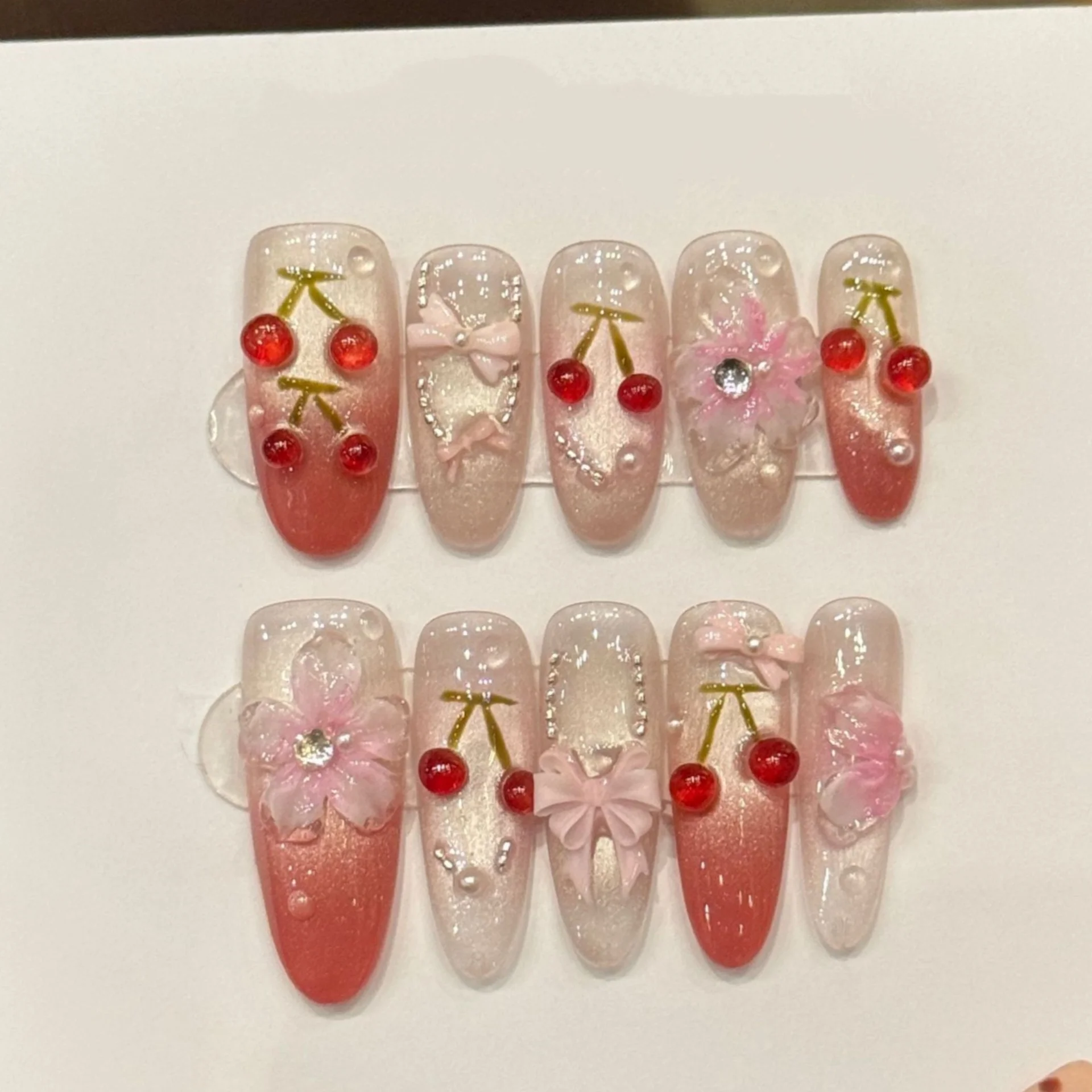 

10pcs Bow Flower Handmade Press on Nails Art Sweet Cherry Rhinestone Design Long Oval False Nail Tips Cat's Eye Pink Fake Nail