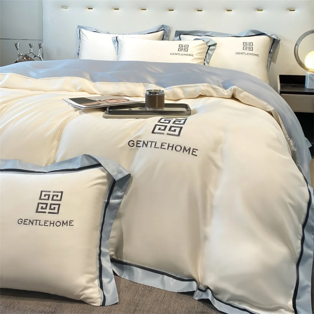 

Embroidery Four-Piece Set Washed Ice Silk Bedding Set Smooth Sleeping Naked Summer Luxury Duvet Cover Set Bed Sheet Pillowcases