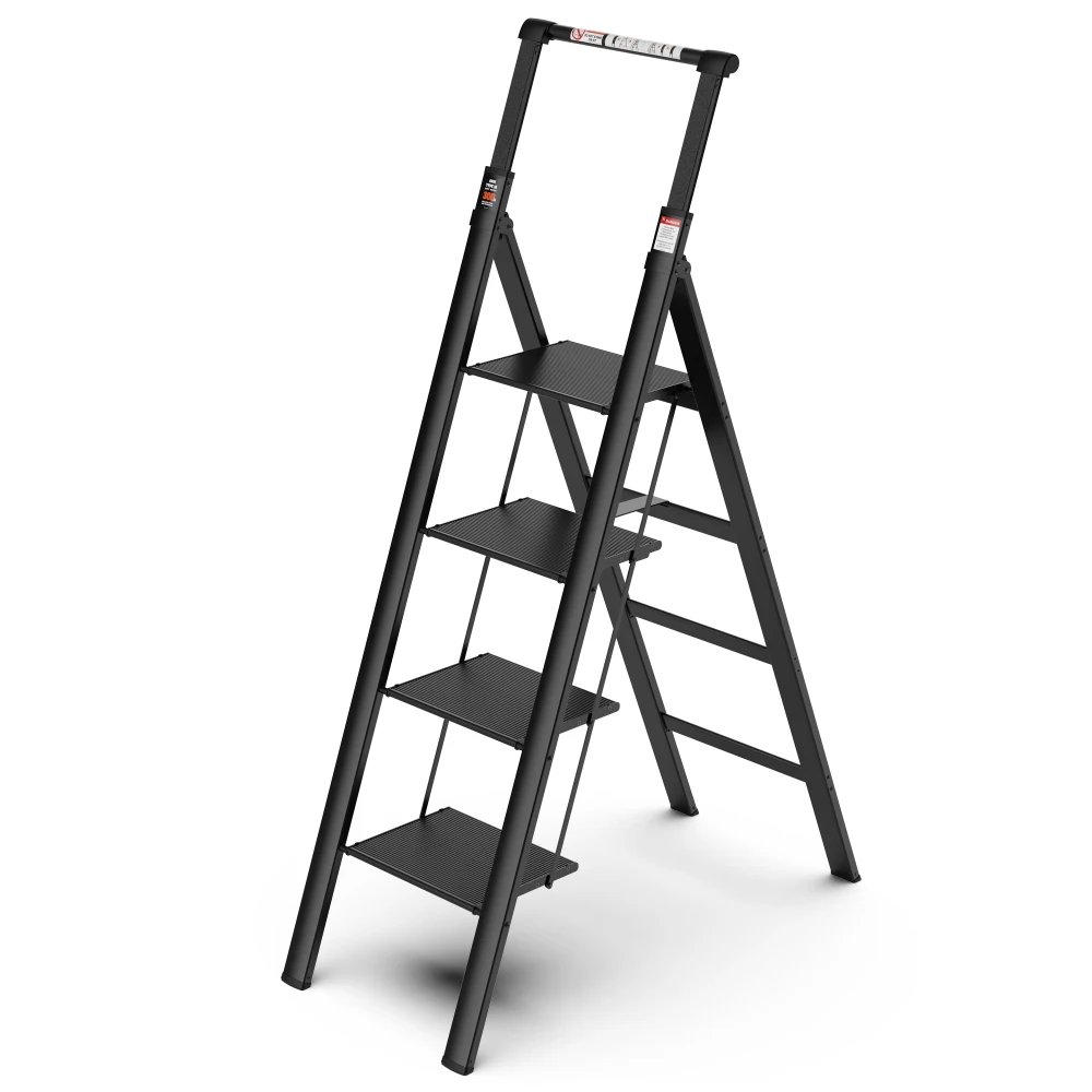 4-traps ladder, intrekbare handgreep, opvouwbare opstapkruk met antislip breed pedaal, aluminium opstapladders 4 treden, 300 lbs veiligheid