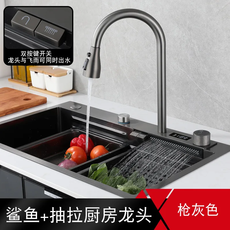 Flying rain sink integrated gun gray large single sink kitchen 304 sink sink under the counter basin dish sink handmade