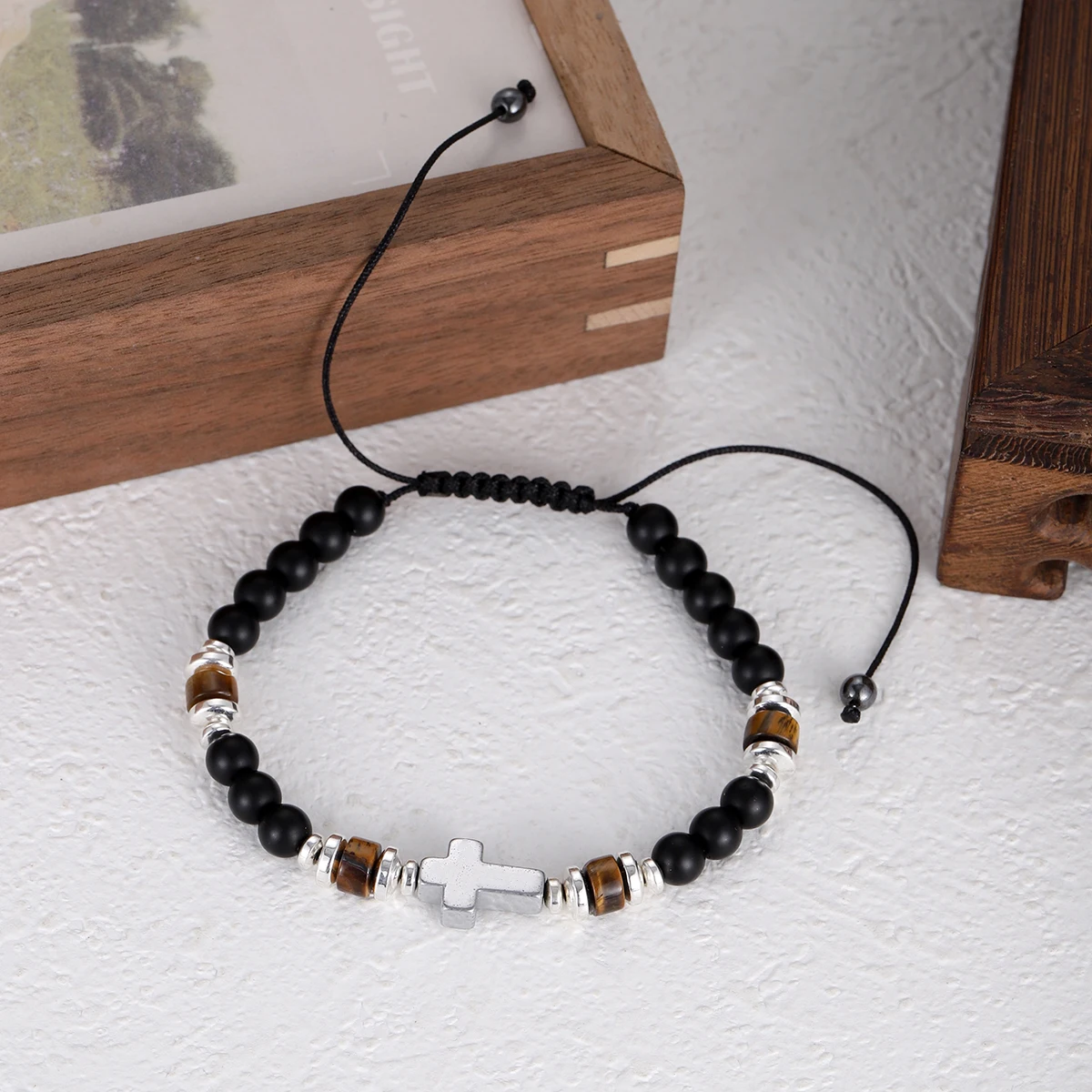 New Men Cross Bracelet Natural Stone 6mm Black Onyx Tiger Eye Beaded Adjustable Bracelets Homme Boyfriend Gift Pulsera Hombre