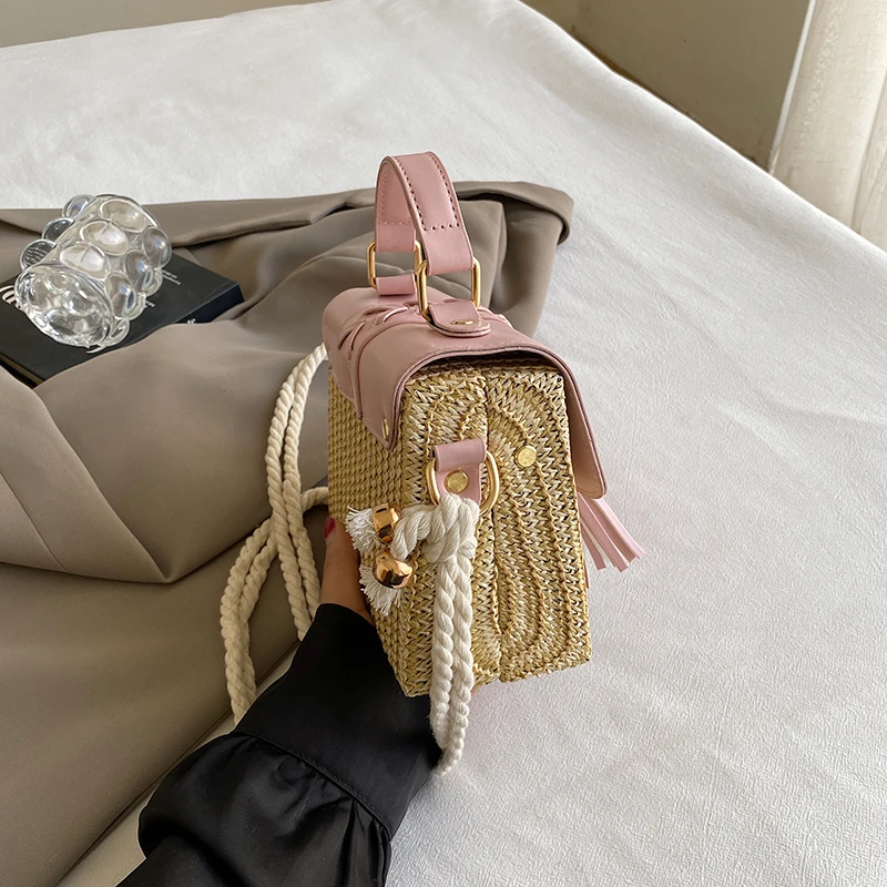 Strand Stroh Umhängetasche für Frauen neue Designer Boho Sommer tasche Pu Leder Handtasche und Geldbörse Reise Umhängetasche – Detail 13