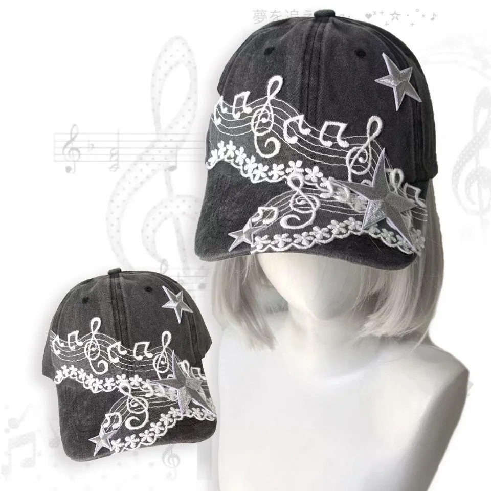 Y2K Musical Note Star Embroidery Lace Baseball Caps Retro Spring and Summer Outdoor Adjustable Casual Hats Sunscreen Hat