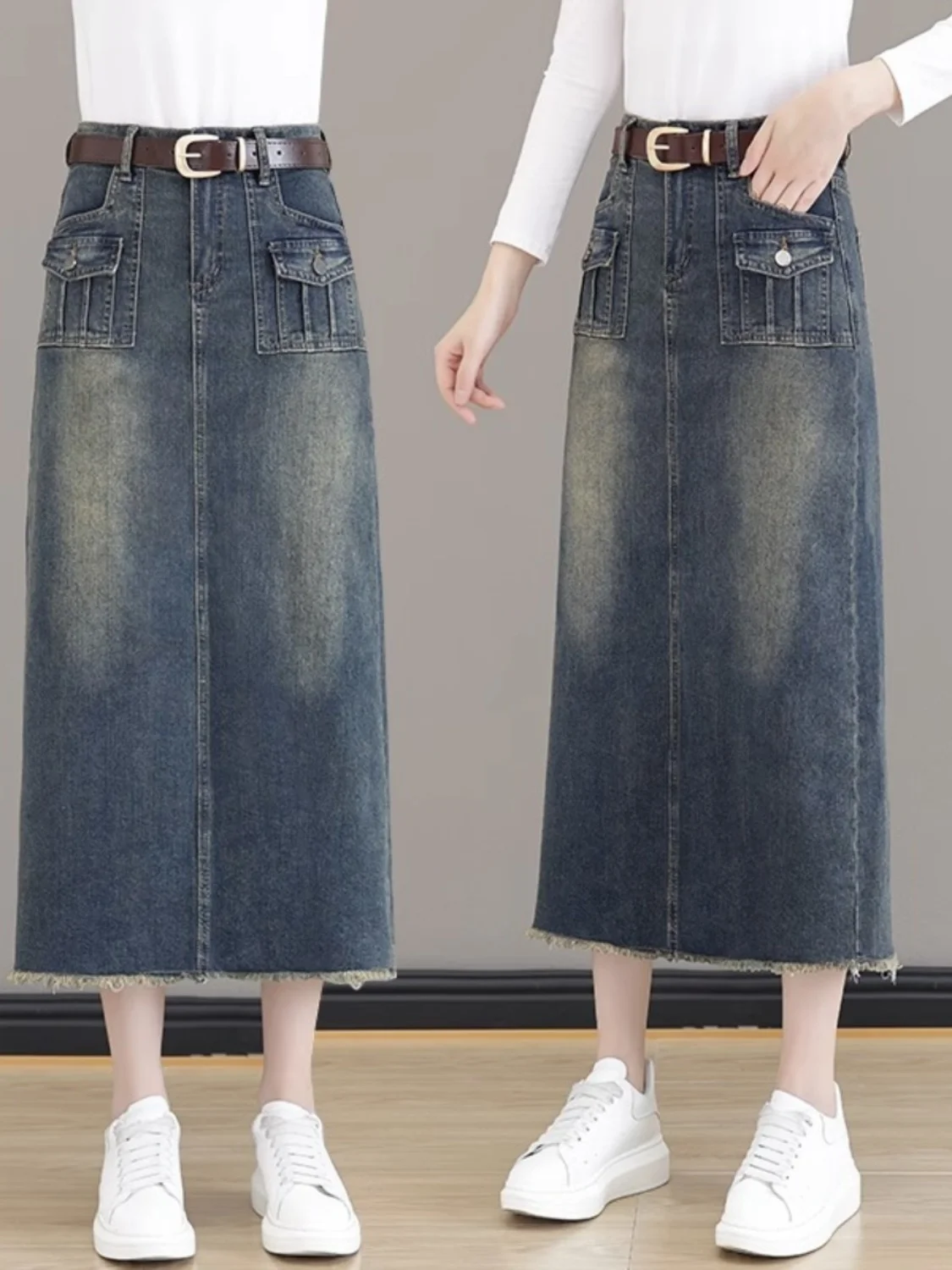 

Retro Denim Skirt Women's High Waist A-Line Midi Skirt Split One Step Wrap Body Skirt Spring Autumn New Arrival