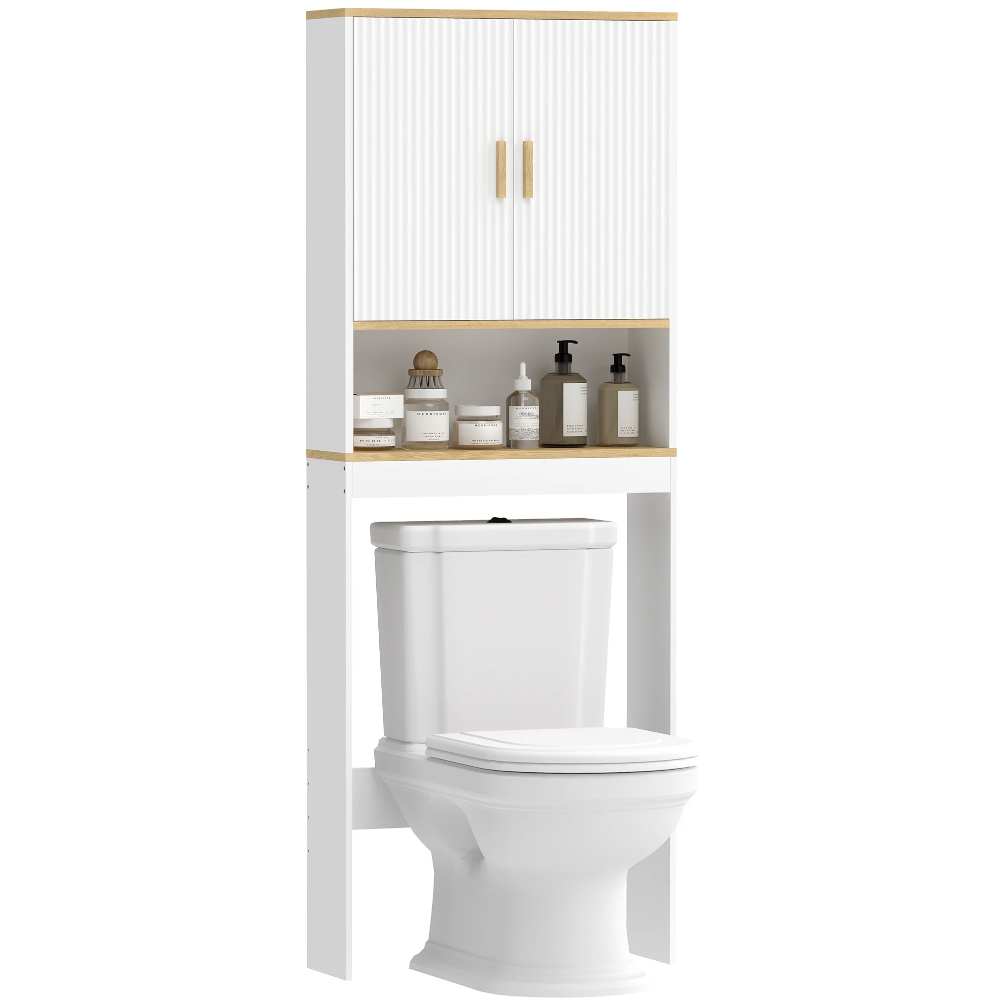 HOMCOM Estantería para Baño sobre Inodoro, Mueble Organizador de Baño de 3 Niveles con Estante Abierto, 2 Puertas y Estante Ajustable, 64x20x170,5 cm, Blanco