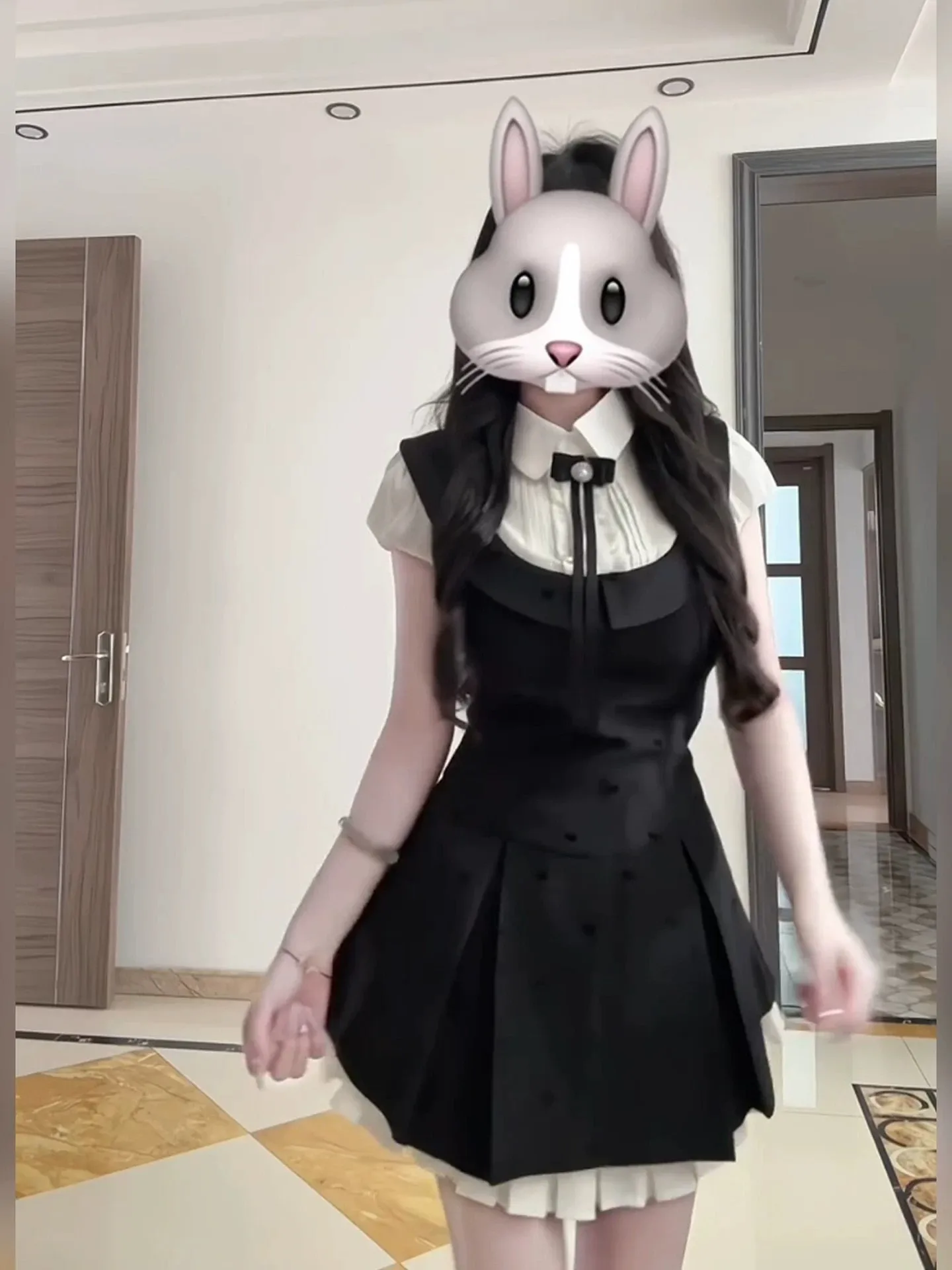 

Black Knot Waist Cinched Summer Dress Set Women's Fashion Korean College Style Ensemble Short Sleeve Flip Collar