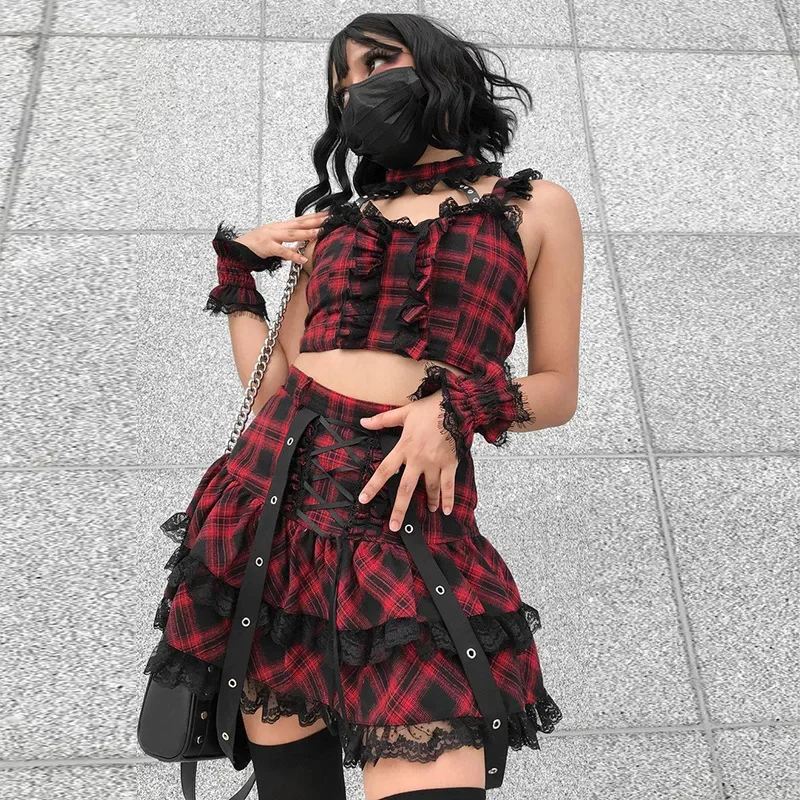 

Gothic Plaid Lace Up Y2K Skirt Women Sexy Lace Crop Top High Waist Mini Skirts Streetwear Punk Grunge