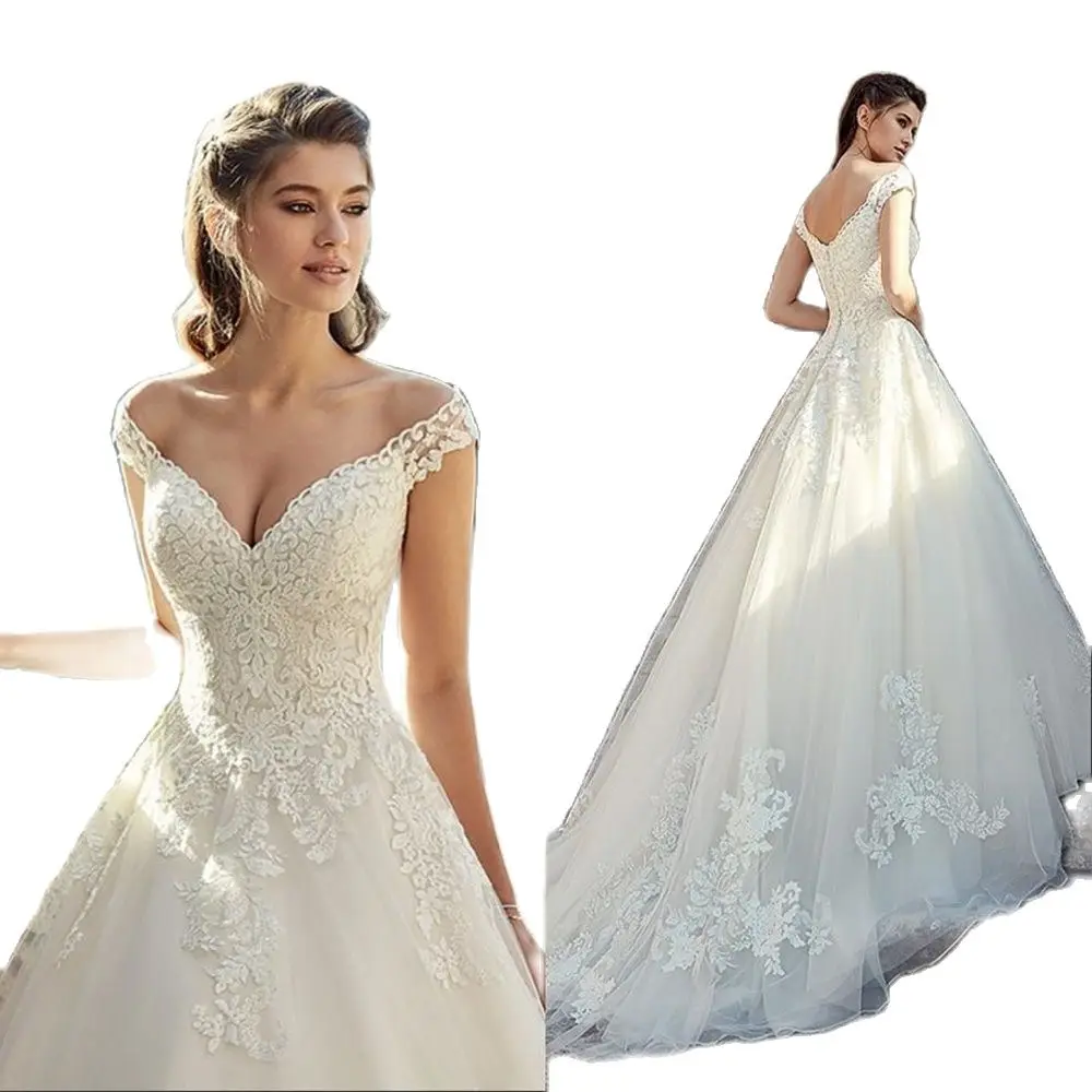 Vestido de novia elegante con hombros descubiertos, traje de novia con Apliques de encaje, corte en V, tul, línea A, 2020