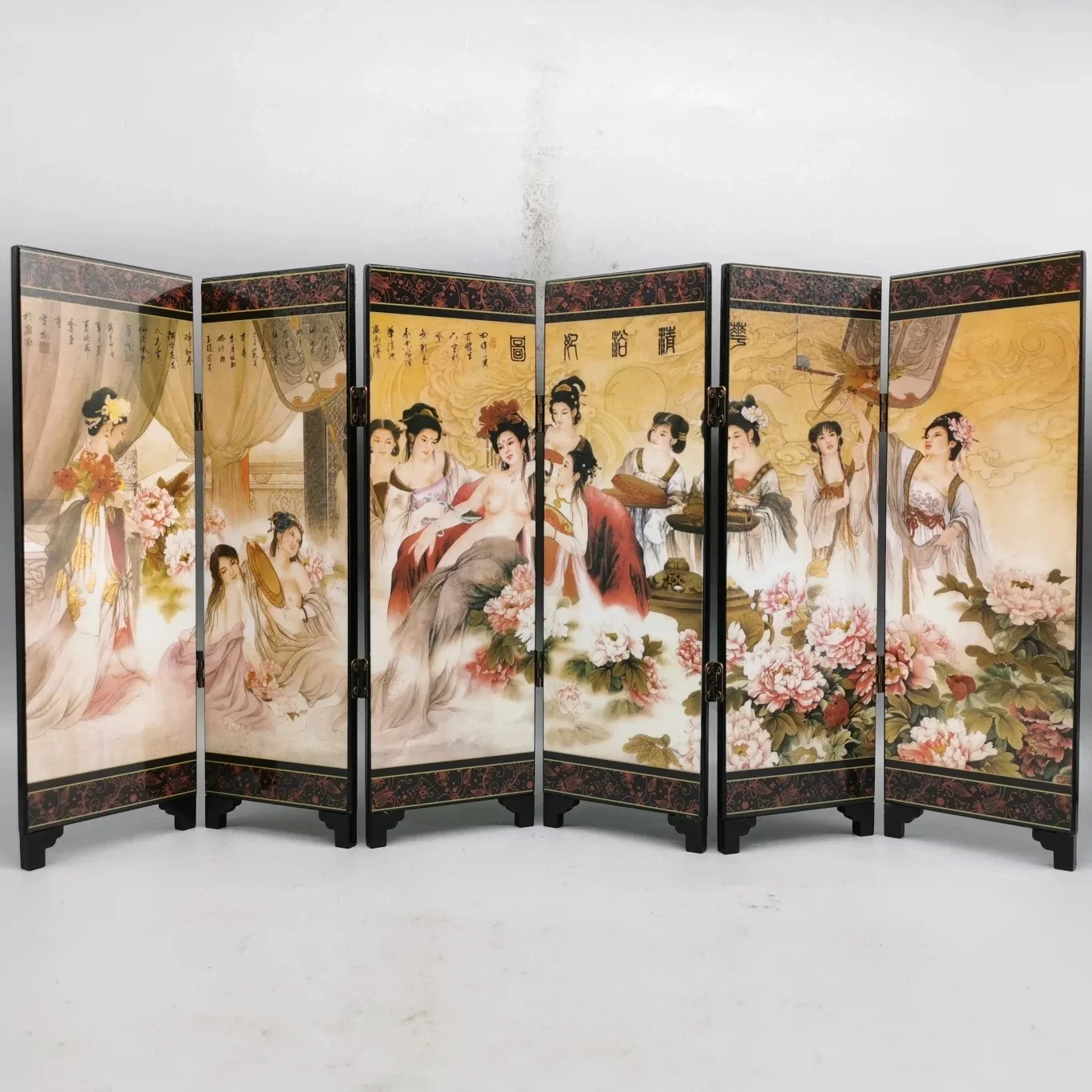 China Collect Exquisite Wooden Lacquerware Painting“Huaqing Bathing Concubine”Small Folding Screens Handicraft Home Decoration