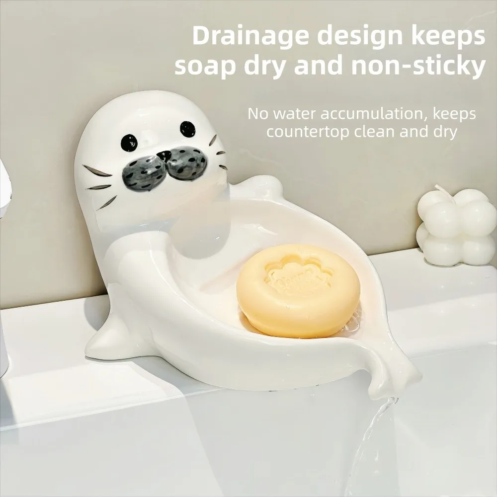 

Cute Sea Lion Soap Dish Soap Box Drainable Self Draining Soap Holder Ceramic Soap Container Bathroom Decor Organizer