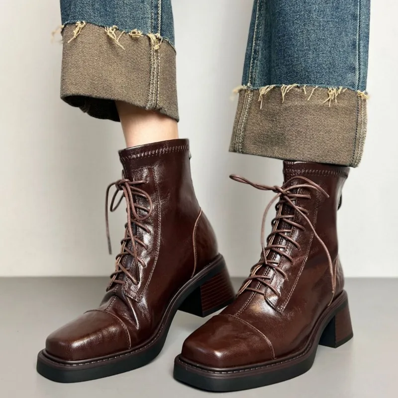 

Cross Tied Platform Chelsea Boots Women Square Toe British Style Short Boots Female Fashion Chunky Heel Winter Ankle Boots