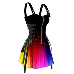 2024 Womens Summer Dresses Sundresses Lace Up Half Zipper Mini Dress Rainbow Glitter Print Buckle Strap Dress