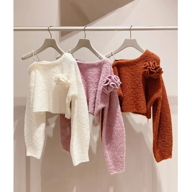 Japan Style Chic Sweet Off Shoulder Pullover Sweaters Skew Collar Imitation Pearl Straps Floral Knitwear Autumn Winter Jumpers