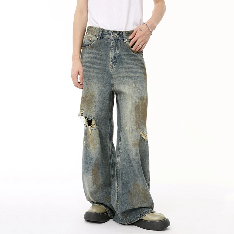 IEFB New Summer Male Denim Pants Worn-out Hole Contrast Color Straight Wide Leg Casual Men's Denim Pants High Street 2024 9C6605