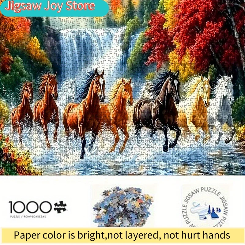 DIY Paper Puzzle - Seven Horses Running by Waterfall in Autumn Landscape, High-Quality White Card Material, Ideal for Family