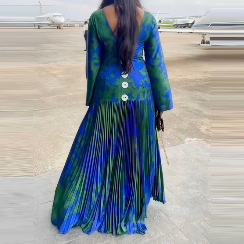 

Fashion O-neck Backless Button Evening Dress Vintage Pattern Printed Women's Party Dress Elegant Hight Waist Pleated Long Dress