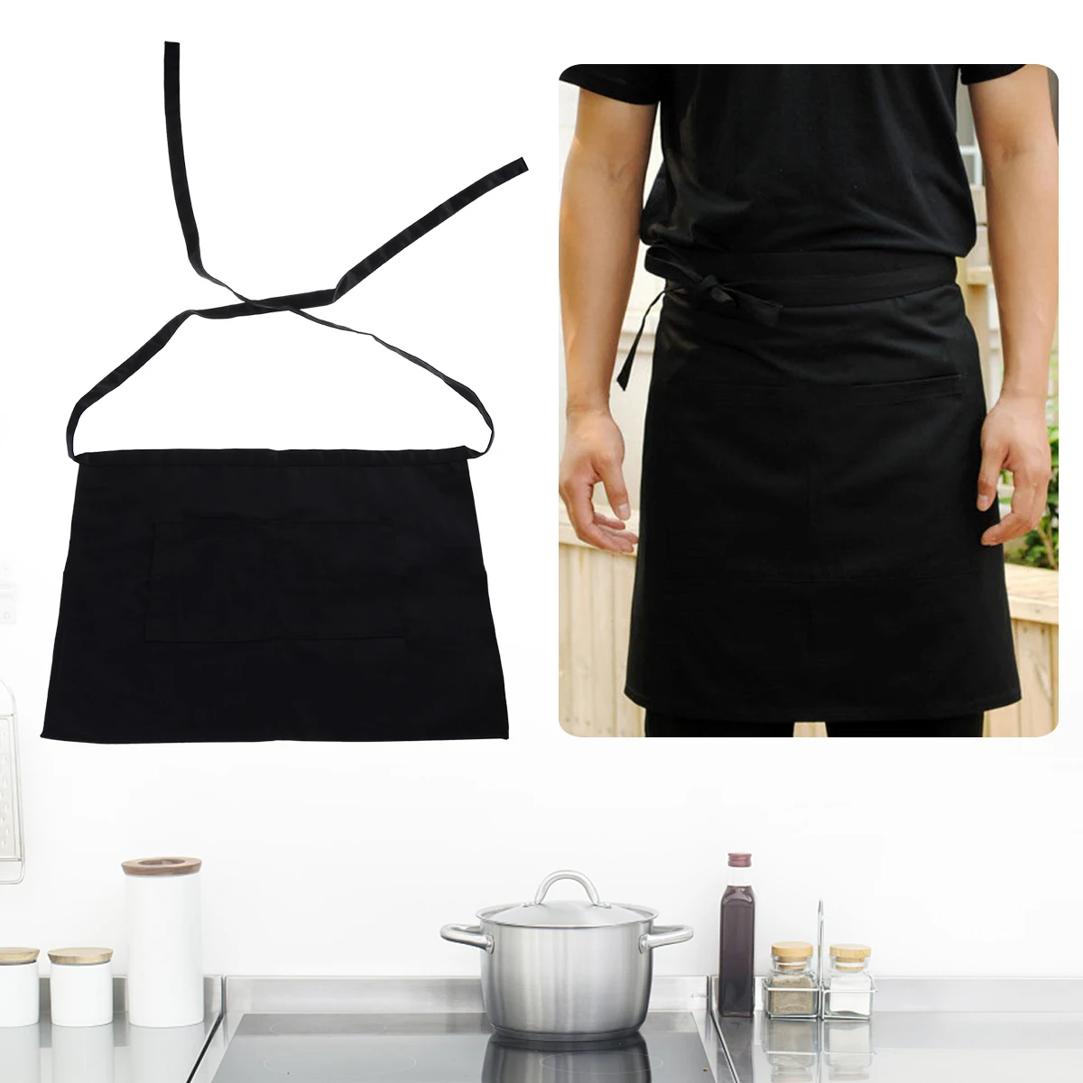 

Short Apron Easy to Wear with Pocket Unisex Household Polyester Black for Men and Women