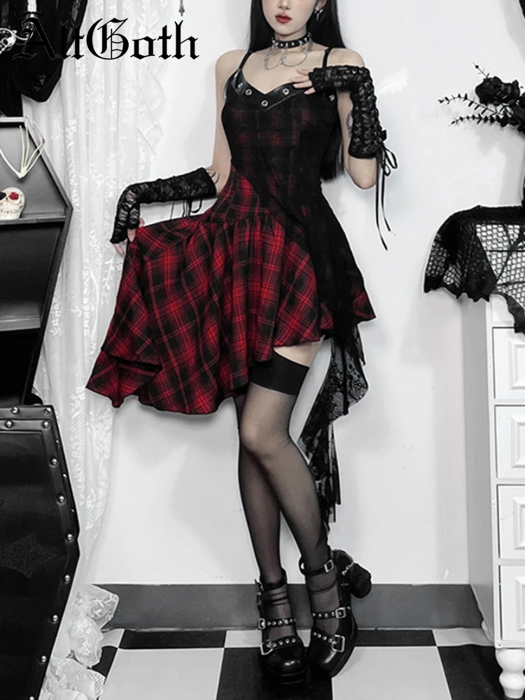 

AltGoth Streetwear Punk Red Plaid Dress Women Dark Gothic Black Mesh Patchwork High Waist Irregular Hem Dress Cyber Y2k Dresses
