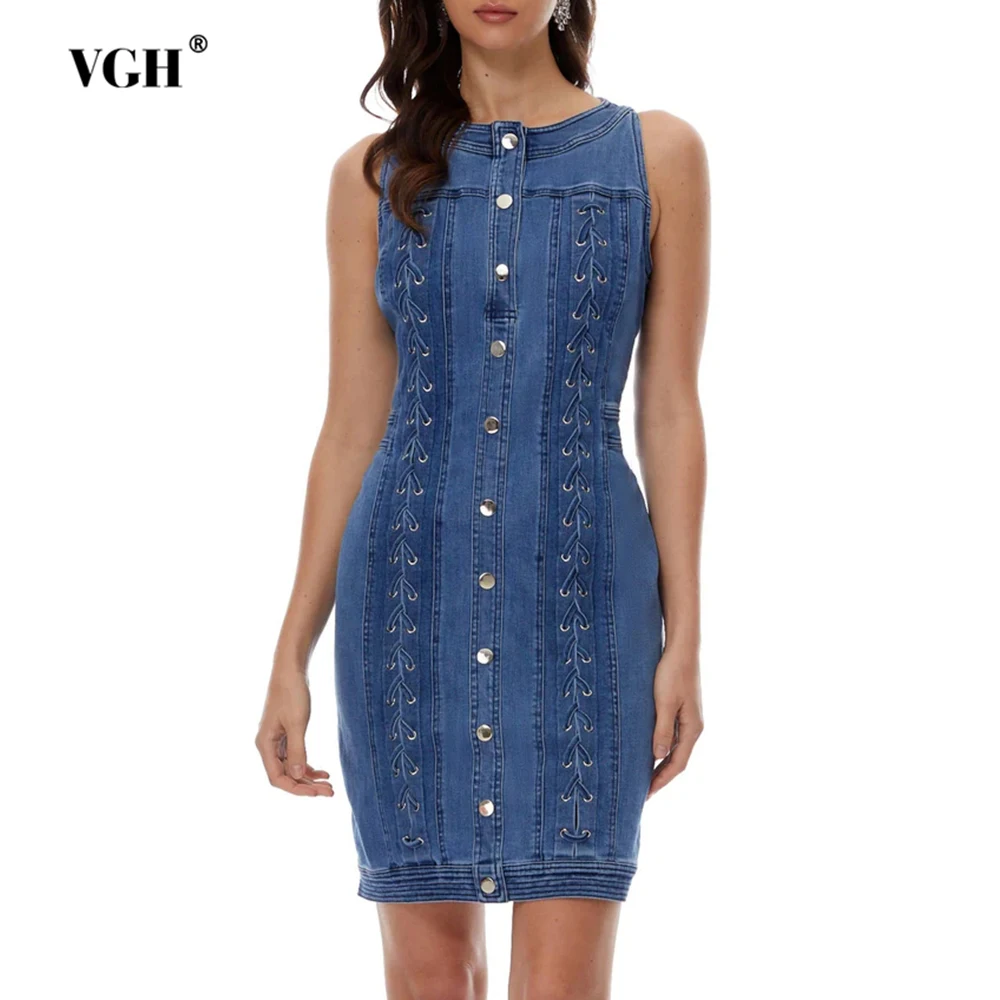 

VGH Casual Solid Slimming Folds Mini Denim Dresses For Women Round Neck Sleeveless High Waist Summer Casual Party Dress Female