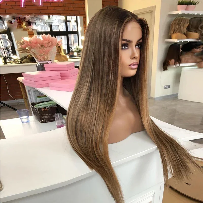 Highlight Brown Silky Straight 5x5 Silk Base 26 inch  Jewish Human Hair Wig Baby Hair HD Lace European Hair Preplucked Glueless