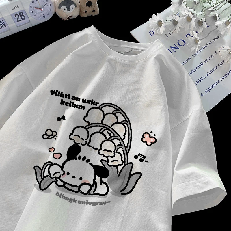 New Pacha Dog Print Academy Style Women T Shirt Sanrio Lovely Tee Clothing Letter S-Xxxl T-Shirts Personality Holiday Tops