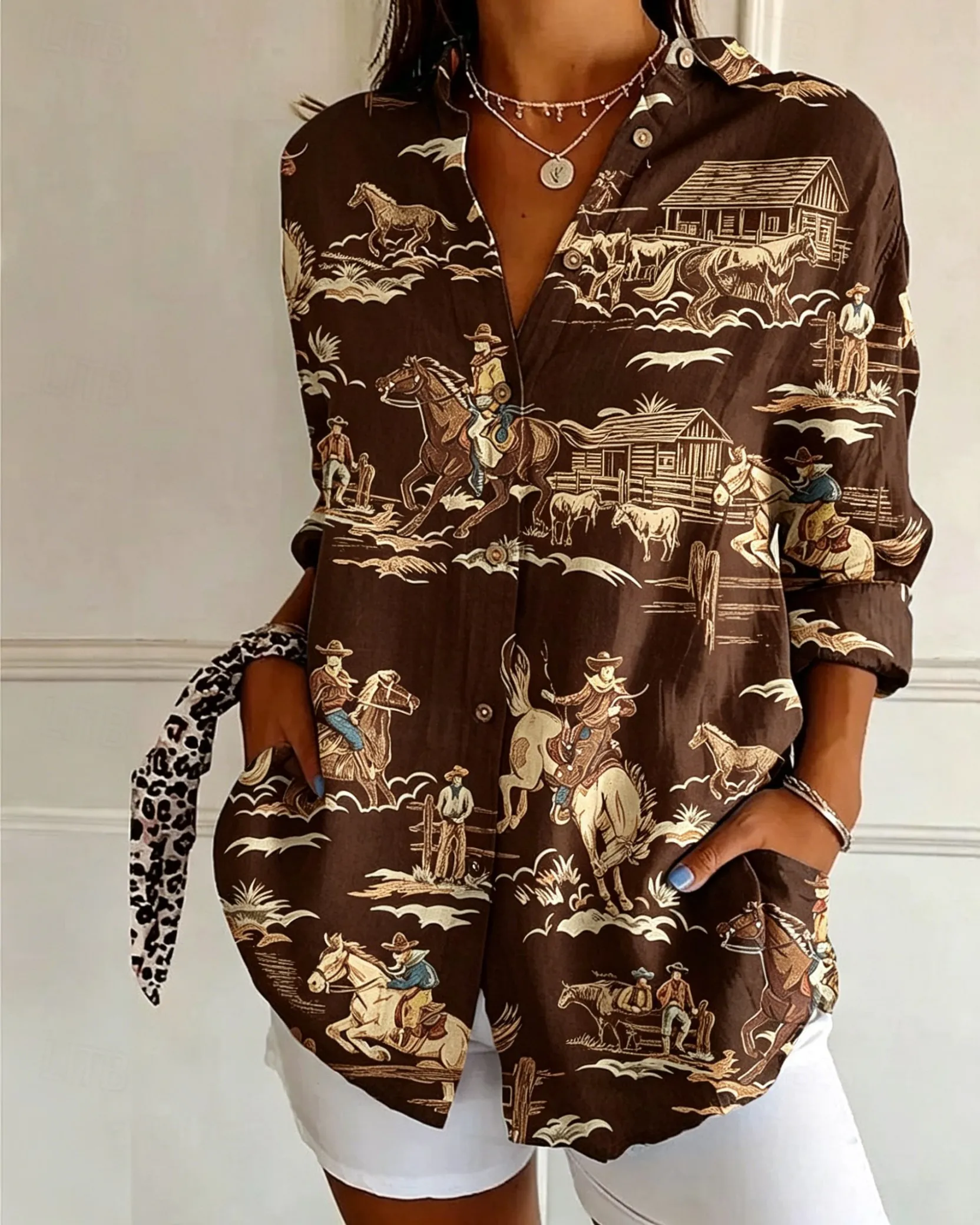 

Women's Long Sleeve Western Cowboy Print Button Down Casual Shirt Elegant Daily Blouse Tops in Brown for Spring Summer