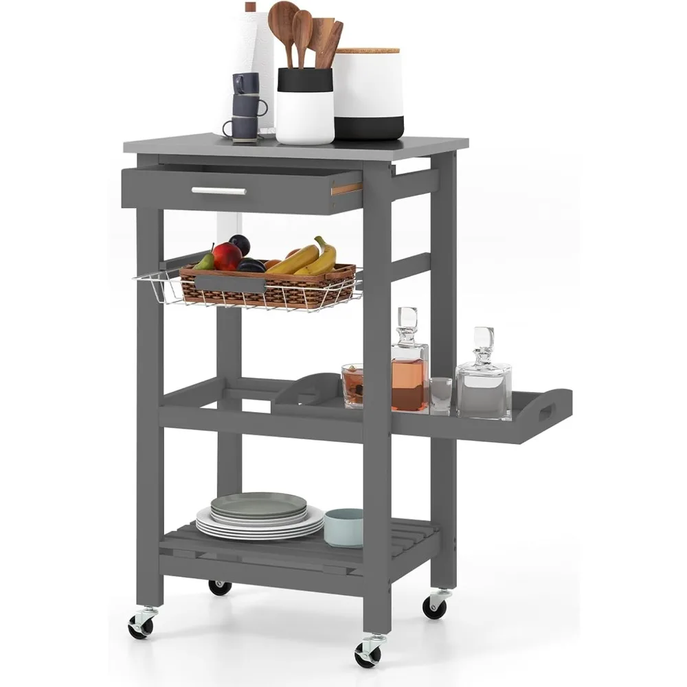 

Small Kitchen Island, Rolling Kitchen Utility Cart on Wheels with Stainless Steel Countertop, Drawer, Serving Tray, Metal Basket