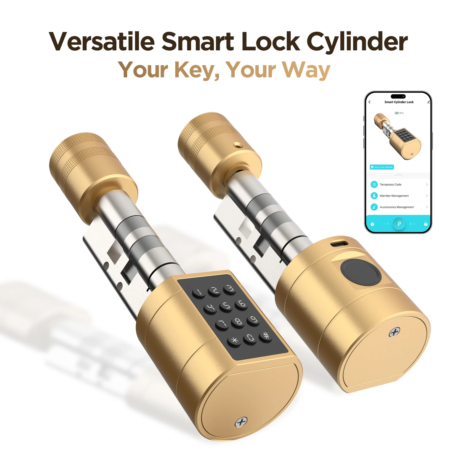 Image of Viladepot Smart Lock-Zylinder mit Fingerabdruck, Passcode, Karte, App-Steuerung, Typ-C-Notstromversorgung, Türschloss für den Innenbereich