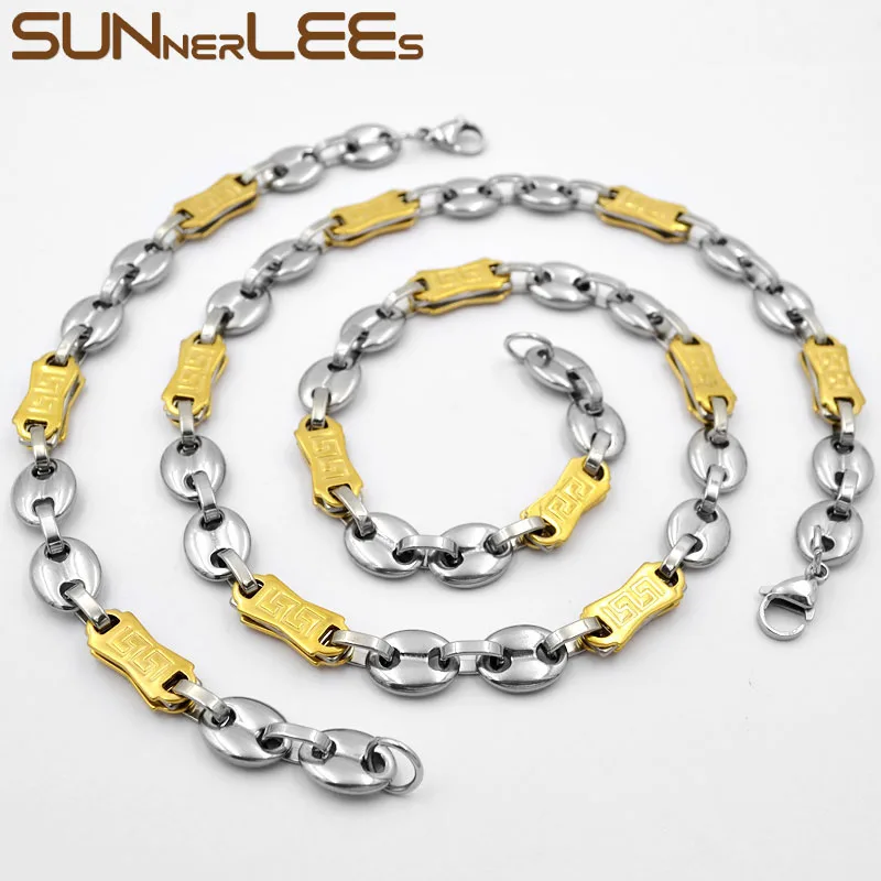 

SUNNERLEES Stainless Steel Necklace Bracelet Set 10mm Geometric Coffee Bean Link Chain Silver Color Gold Plated Men Women SC61 S