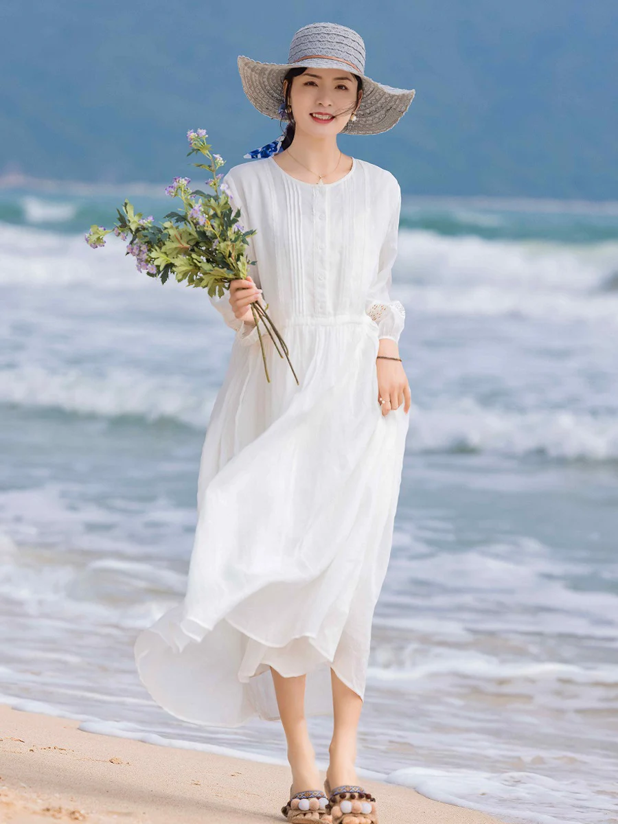 فستان نسائي قطني جديد لربيع وصيف 2025 رداء Ete فام Elbise فضفاض مطرز نصف كم فساتين طويلة للعطلات N618 #3