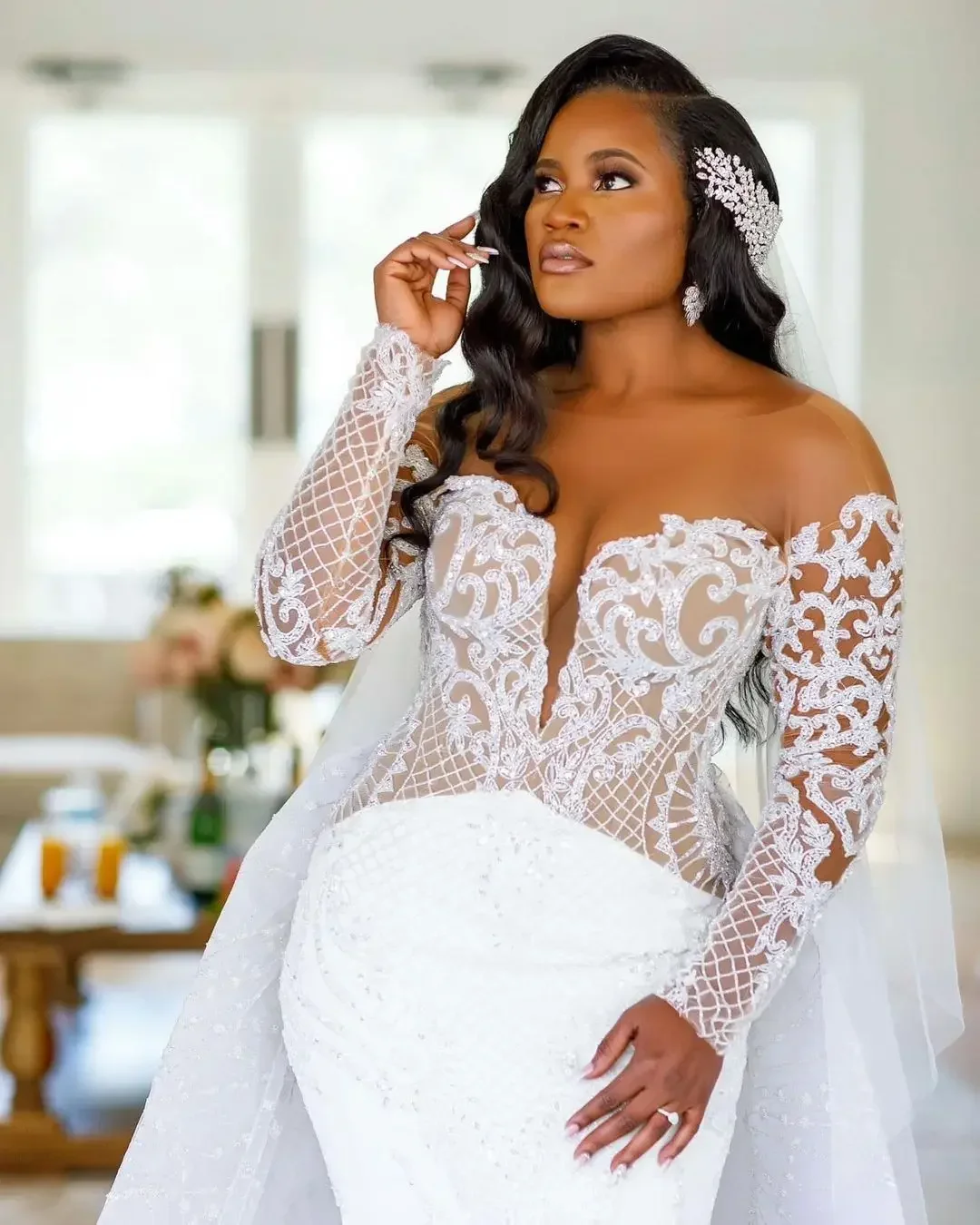 Customized Sexy Mermaid Wedding Dresses With Overskirts Illusion  Long Sleeves Lace Appliques Plus Size Country Bridal Gown