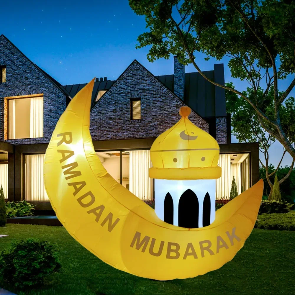 Inflatable Muslim Ramadan Gold Moon Castle LED Lighted Blow Up Eid Mubarak Decoration for Celebrate Fasting Introspection Prayer