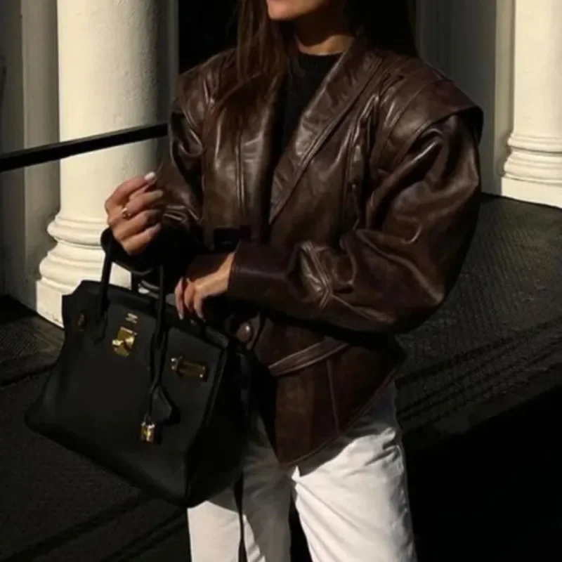 

Vintage Women Leather Jacket with Belt Slim Lace Up V-neck Long Sleeve Locomotive Coat 2025 Autumn Lady High Street Y2k Outwear