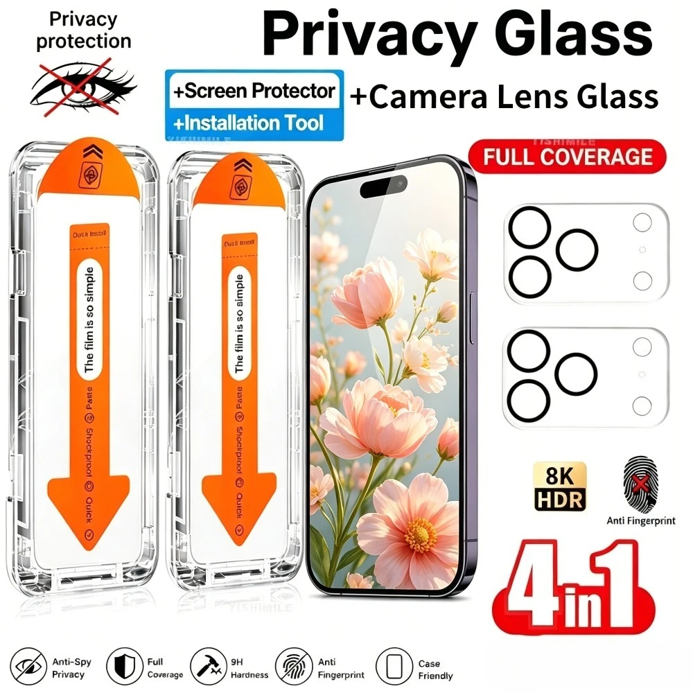 

4-in-1 Privacy Full Screen Protector for iPhone 17 15 16 Pro Max Air 17e Camera Lens Glass for iPhone 13 12 11 14 Pro 15 14 Plus
