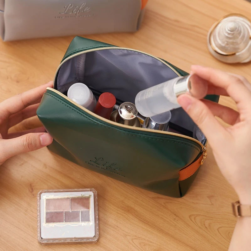 Women\'s Cosmetic Bag Leather Waterproof Zipper Makeup Bag Travel Portable Toiletries Organizer Beauty Pouch Washing Storage Case