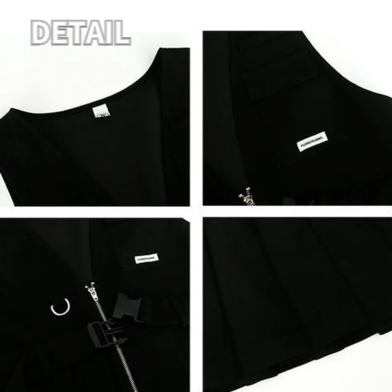 Komplety damskie Casual Short Sleeve Newly Summer Shirt with Tie and Black Slim Sleeveless Pleated Mini Vestidos Harajuku Chic Outfits